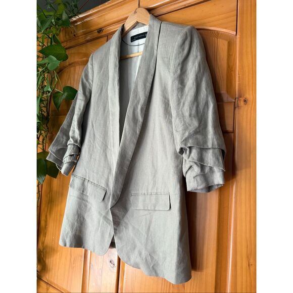 Zara Woman Beige Linen Blazer Jacket Women’s Size L – Ruched Sleeve Open Front - Picture 4 of 14